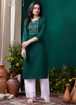 Cotton Green Casual Wear Hand Work Readymade Kurti With Pant